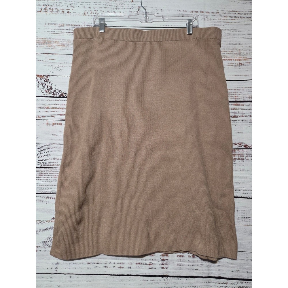 Ava & Viv Womens 1X Tan Brown Ribbed Knit Midi Skirt Side Slit Elastic Waist